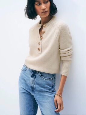 White + Warren Cashmere Luxe Henley Cream Button-Placket Knit Sweater size XS